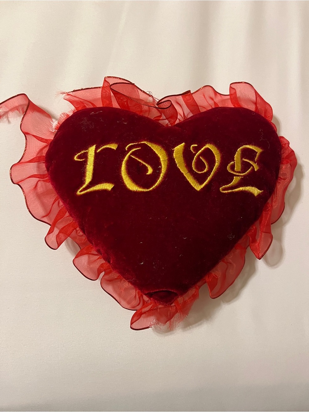 Red Heart LOVE Embroidered Plush Pillow Ruffle Velvet 9"